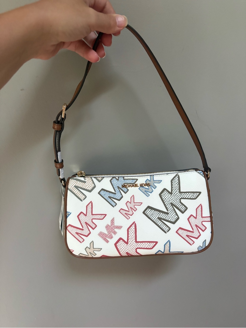 Michael Kors White Multicolor MK Logo Shoulder Bag with Brown Strap